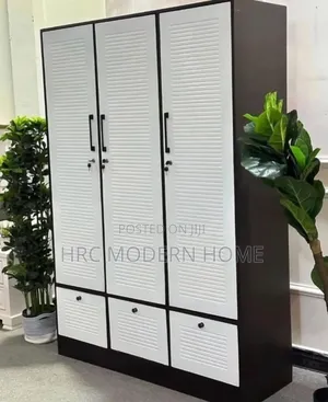 Modern 3-Door Louvered Wardrobe With Storage Drawers