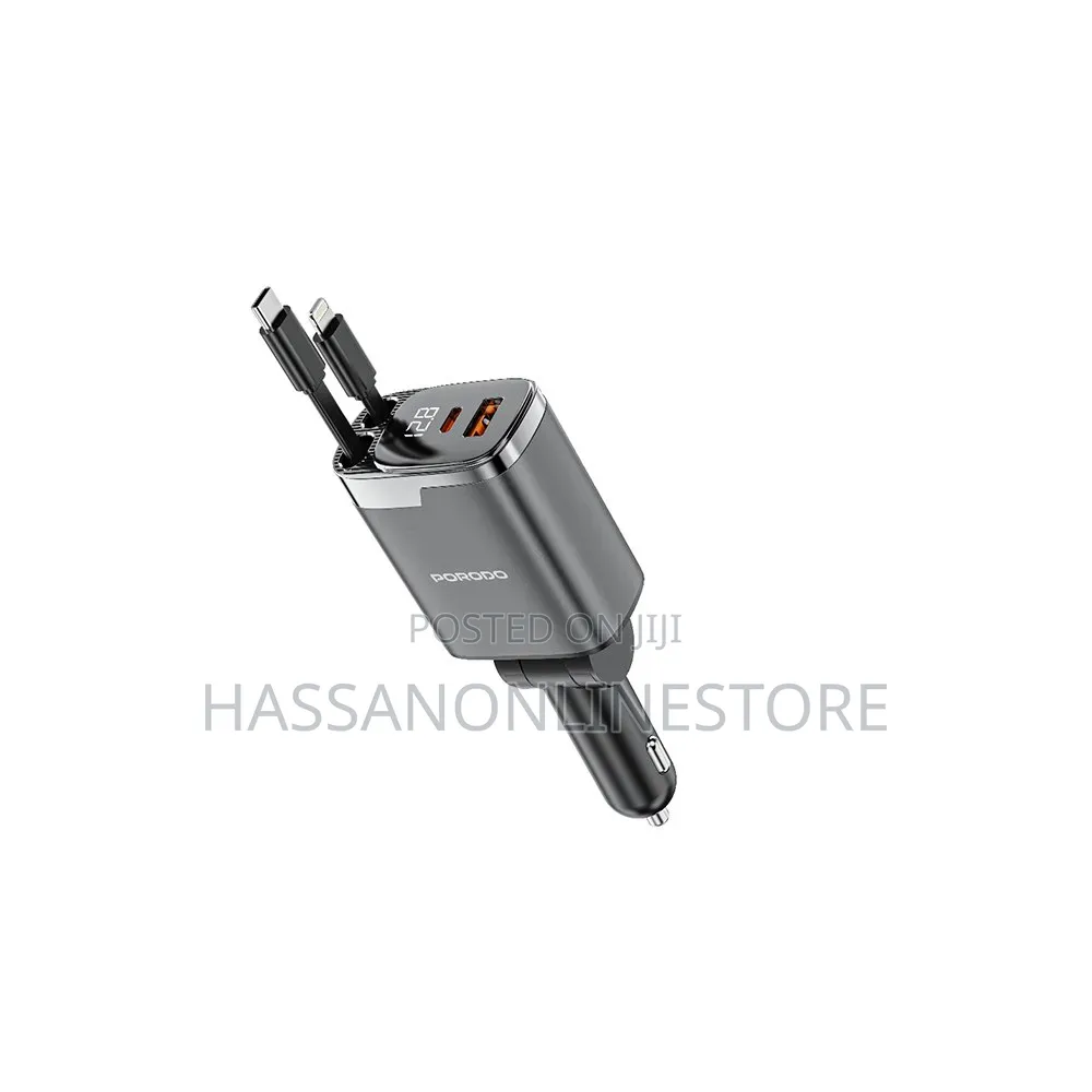 Porodo 111w Car Charger With Lightning Type-C Retractable Cables
