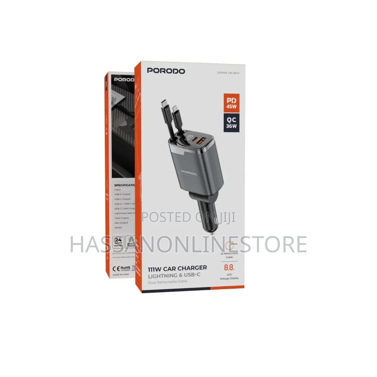 Porodo 111w Car Charger With Lightning Type-C Retractable Cables