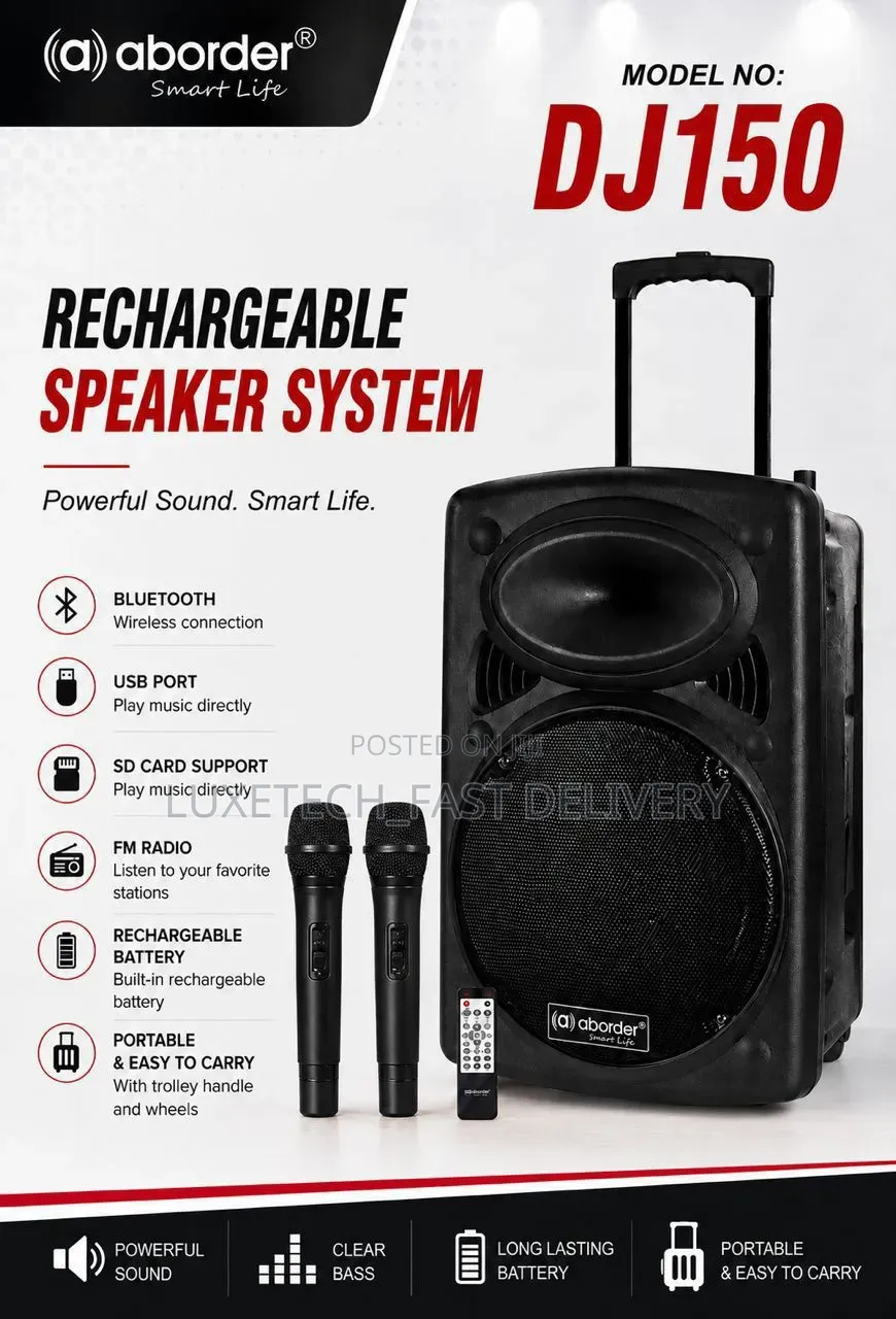 Aborder Dj150 Rechargeable Speaker With 2 Wireless Microphones