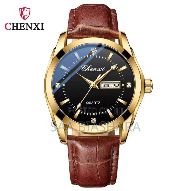 New Chenxi 2024 Classic Watch Brown Leather Belt and Gold and Black
