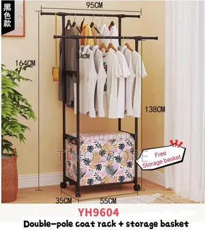 Double-pole Coat Rack With Storage Basket