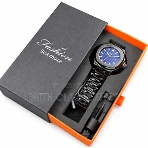 Onola Black Ceramic Men's Quartz Wrist Watch Gift Set With Blue Dial