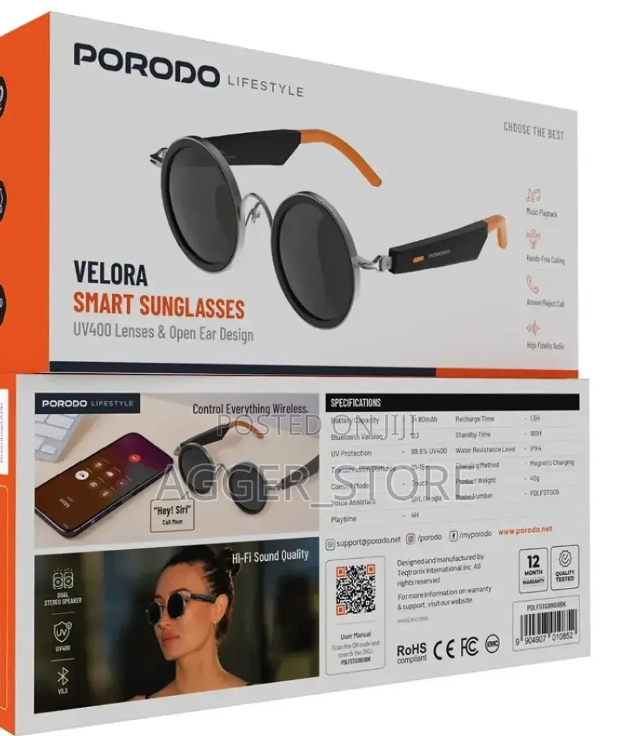 Porodo Lifestyle Velora Smart Sunglasses Orange Accents, Uv400 Lenses