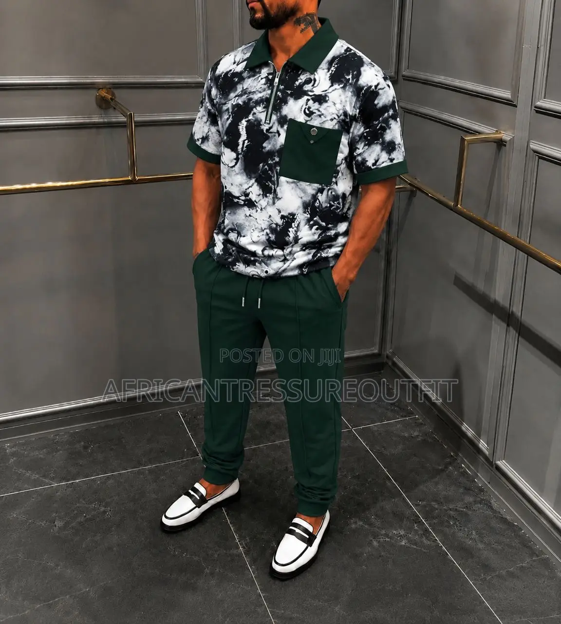 Monochrome Smart Casual Set Two Piece Fit Zip Shirt and Jogger Trouser