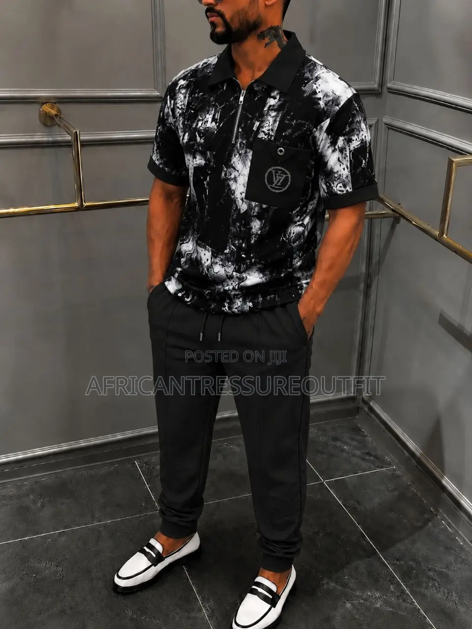 Monochrome Smart Casual Set Two Piece Fit Zip Shirt and Jogger Trouser