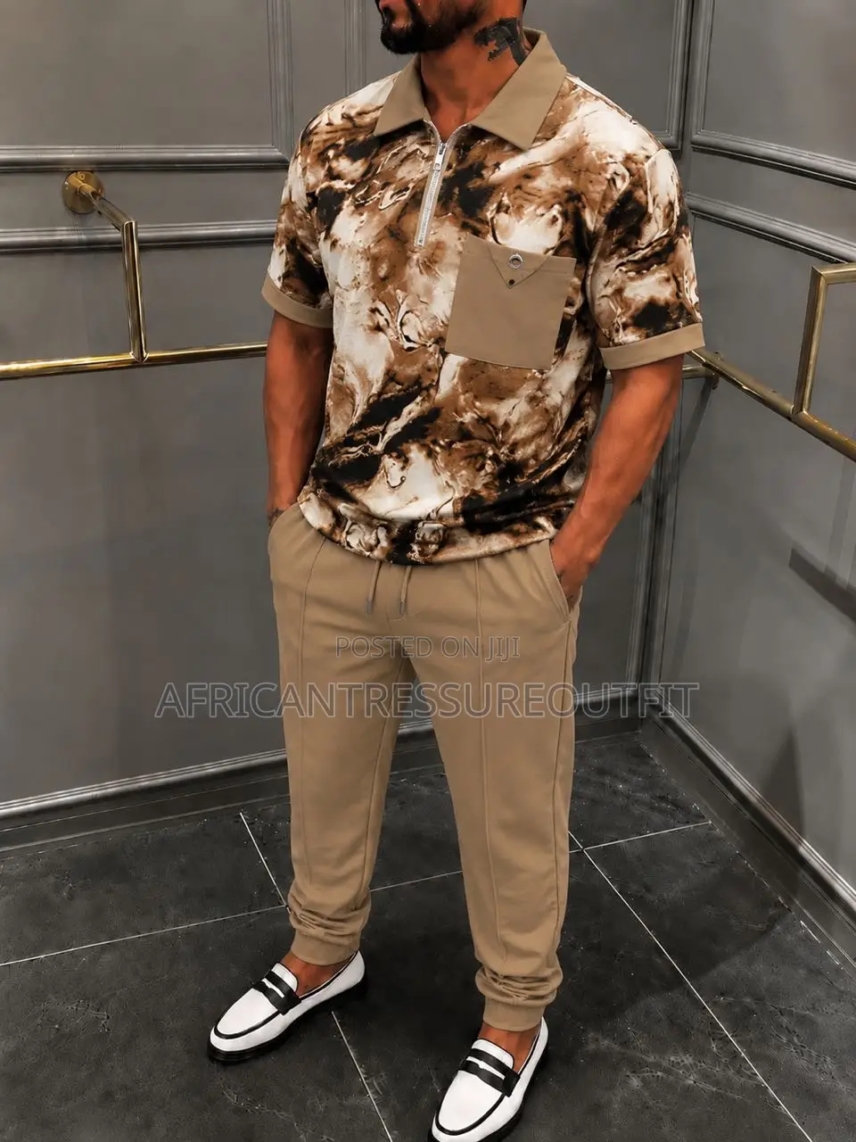 Monochrome Smart Casual Set Two Piece Fit Zip Shirt and Jogger Trouser