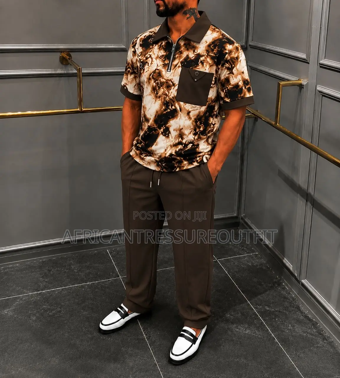 Monochrome Smart Casual Set Two Piece Fit Zip Shirt and Jogger Trouser