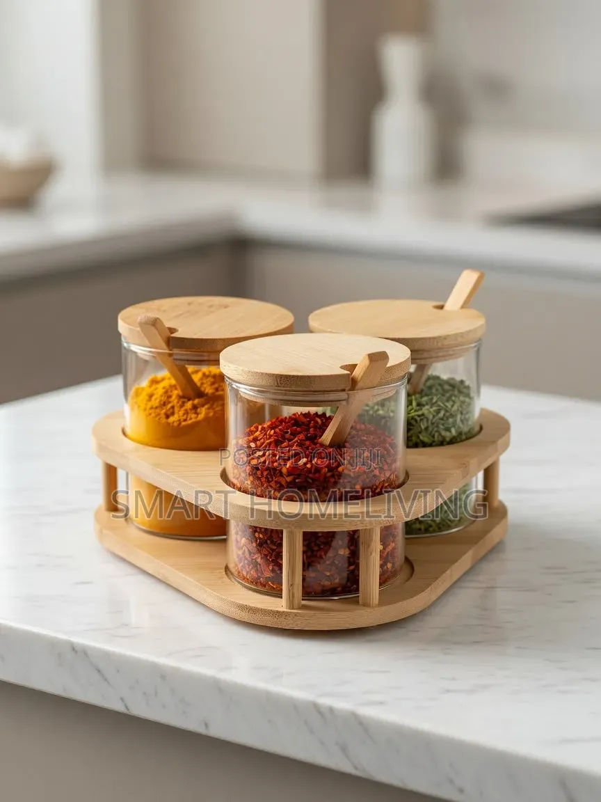 3-Piece Glass Spice Jar Set With a Matching Bamboo Storage Rack.