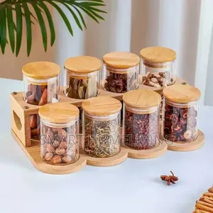 Spice Jar Set With a Matching Bamboo Storage Rack Organizer.
