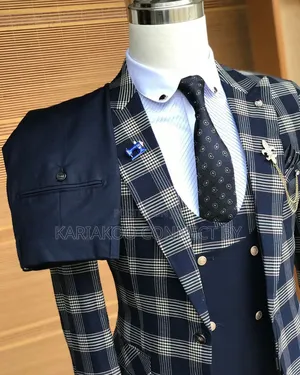 Premium Navy Blue Plaid 3-Piece Slim Fit Suit