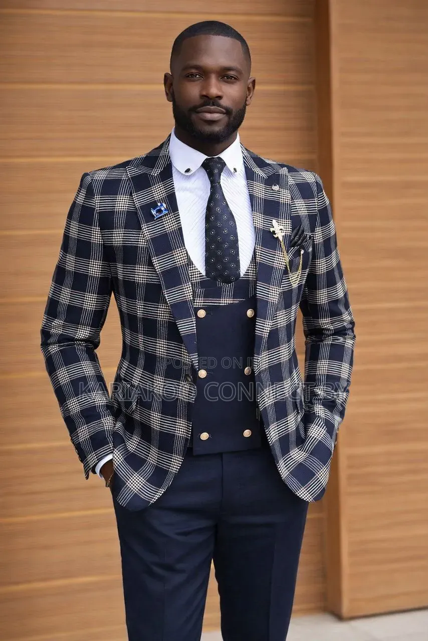 Premium Navy Blue Plaid 3-Piece Slim Fit Suit