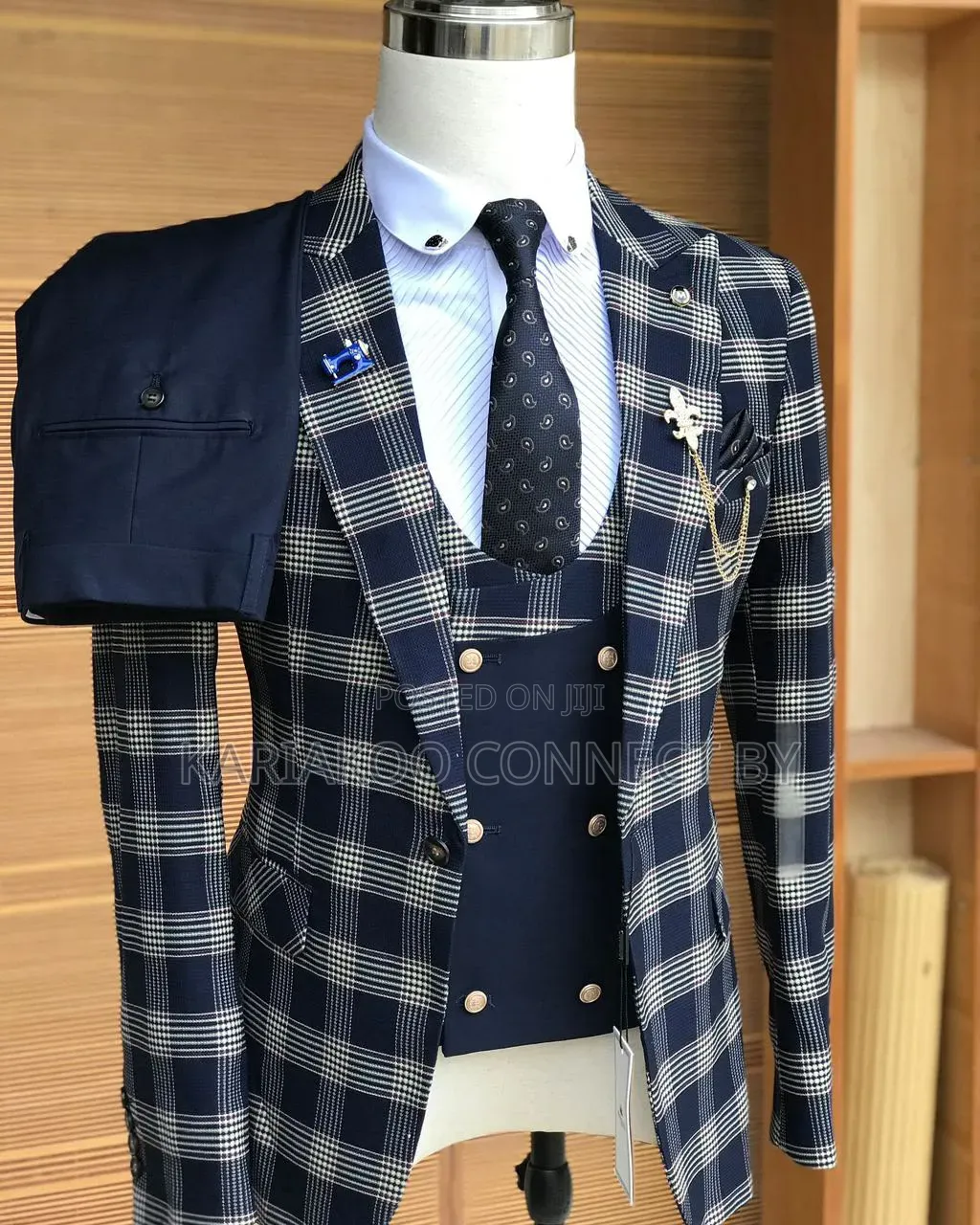 Premium Navy Blue Plaid 3-Piece Slim Fit Suit