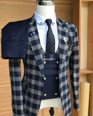 Premium Navy Blue Plaid 3-Piece Slim Fit Suit
