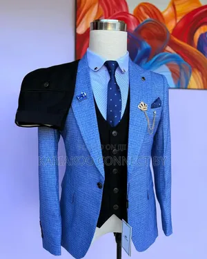 Premium Sky Blue Textured 3-Piece Slim Fit Suit