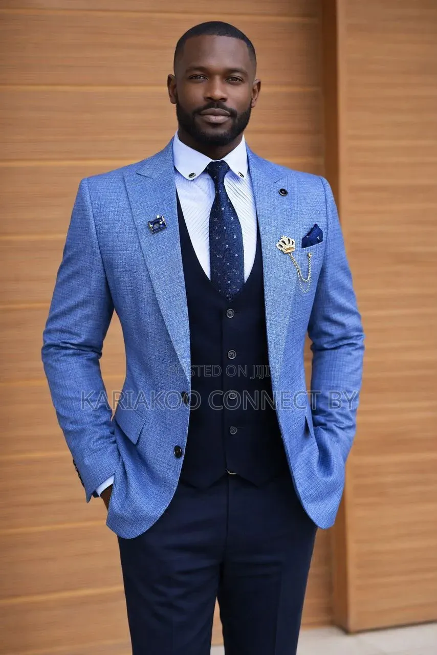 Premium Sky Blue Textured 3-Piece Slim Fit Suit