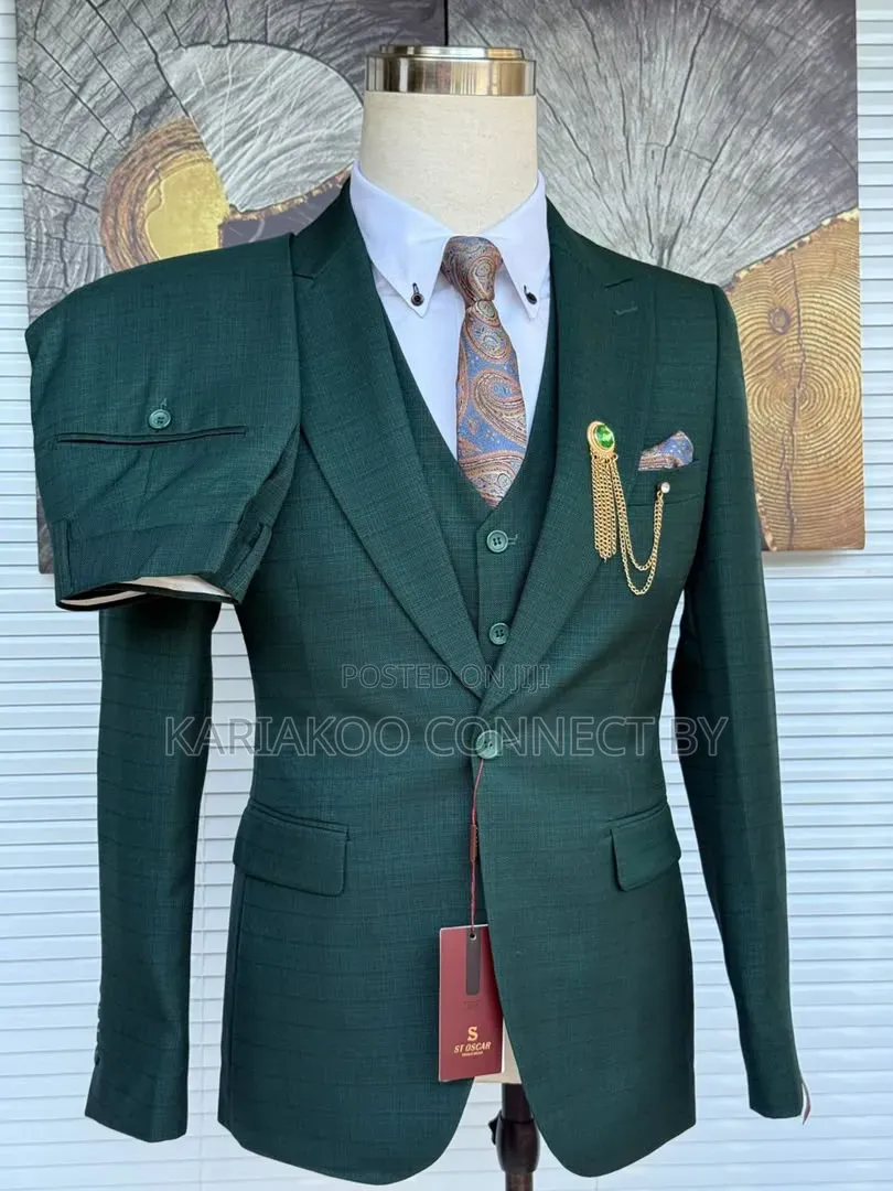 Premium Emerald Green Windowpane 3-Piece Slim Fit Suit