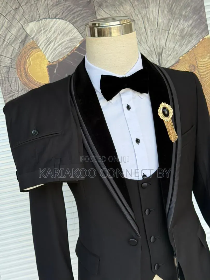 Premium Black Tuxedo Velvet Shawl Lapel 3-Piece Suit