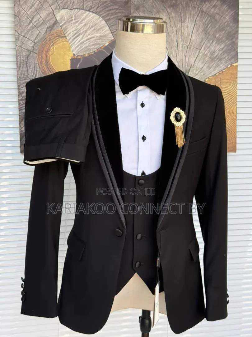 Premium Black Tuxedo Velvet Shawl Lapel 3-Piece Suit