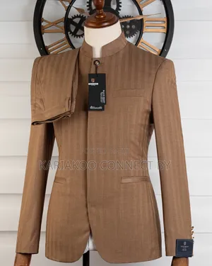 Premium Tan Pinstripe Mandarin Collar Slim Fit Suit