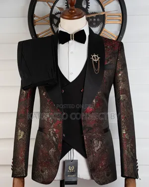 Luxury Red Gold Brocade Dinner Jacket 3-Piece Suit