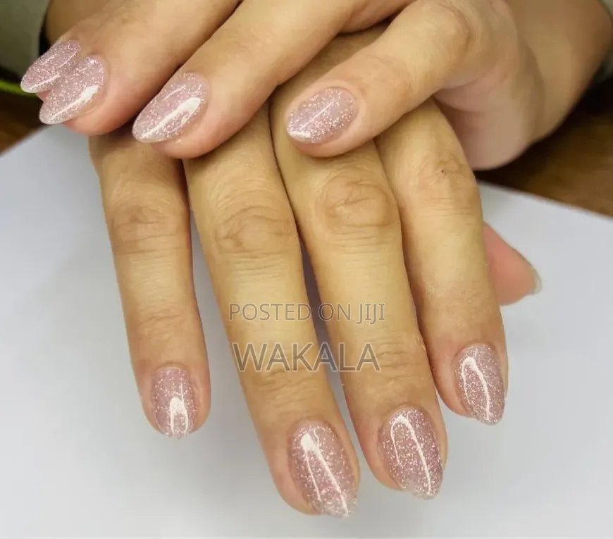 Hard Gel Nails - Pink Reflective Glitter | Medium Almond