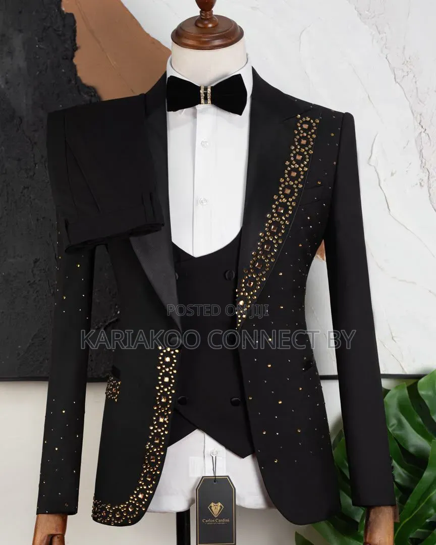 Premium Carlos Cardini 3-Piece Groom Suit With Gold Rhinestones