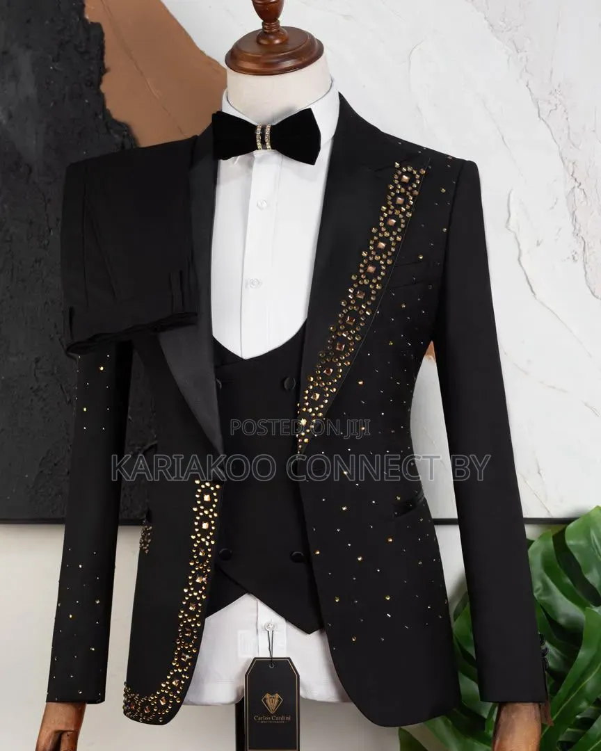 Premium Carlos Cardini 3-Piece Groom Suit With Gold Rhinestones