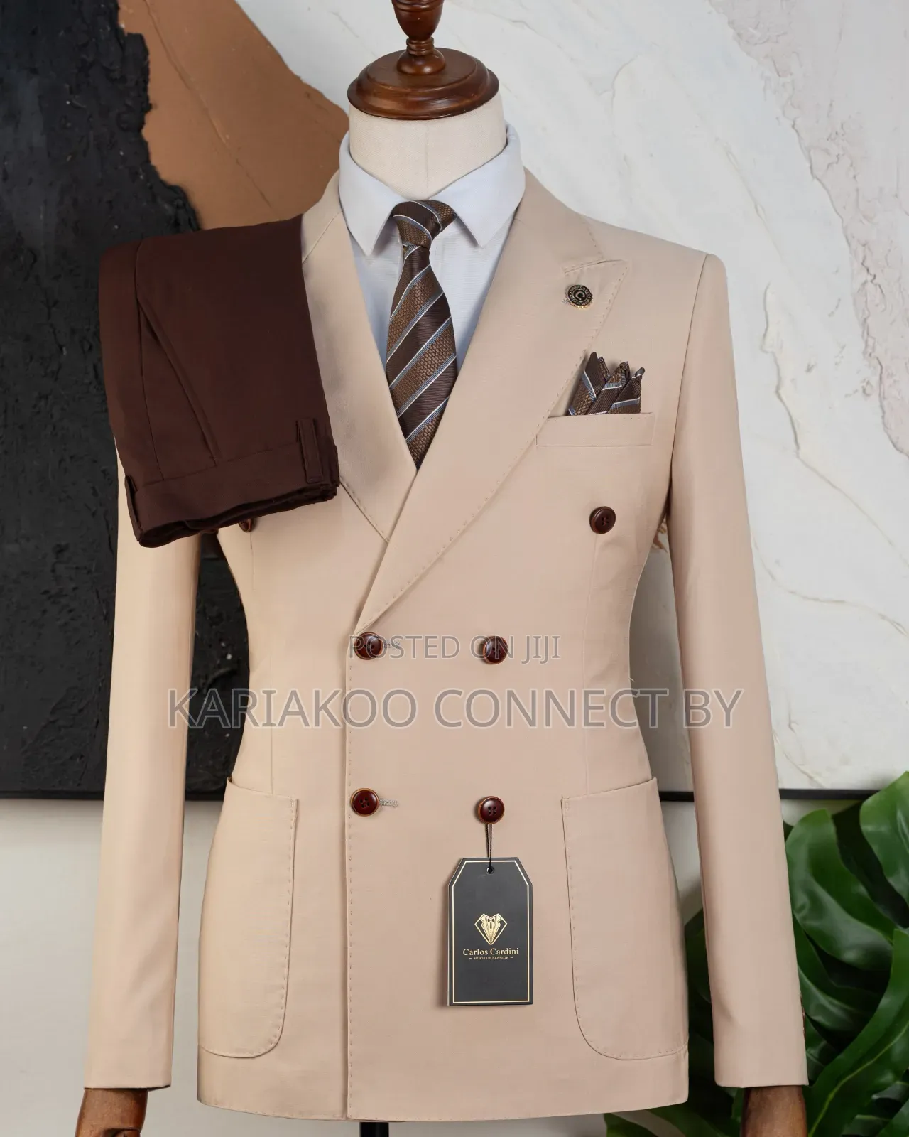 Cream Double-Breasted Blazer Brown Trousers Combo.