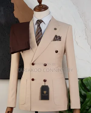 Cream Double-Breasted Blazer Brown Trousers Combo.