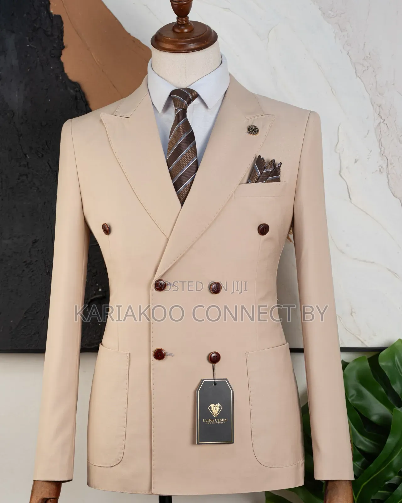 Cream Double-Breasted Blazer Brown Trousers Combo.