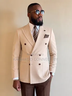 Cream Double-Breasted Blazer Brown Trousers Combo.