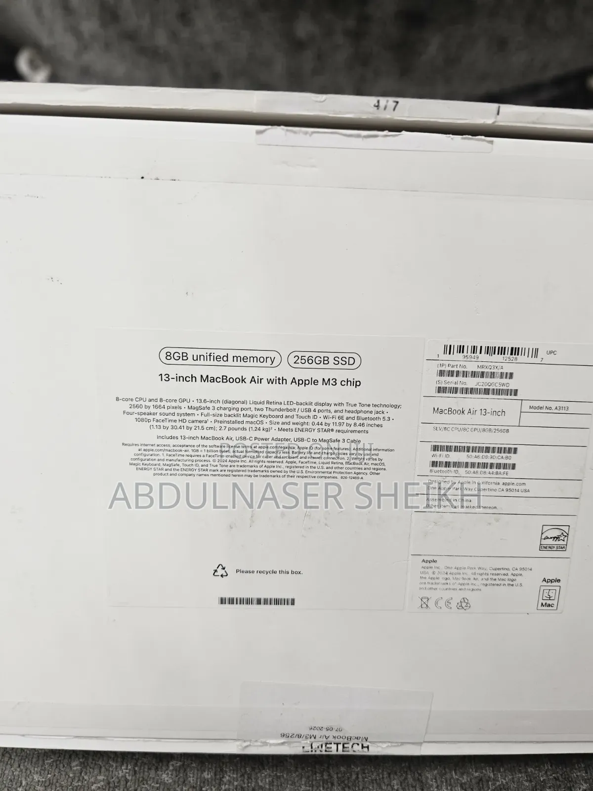 Laptop Apple MacBook Air 2024 M3 8GB Apple M3 SSD 256GB