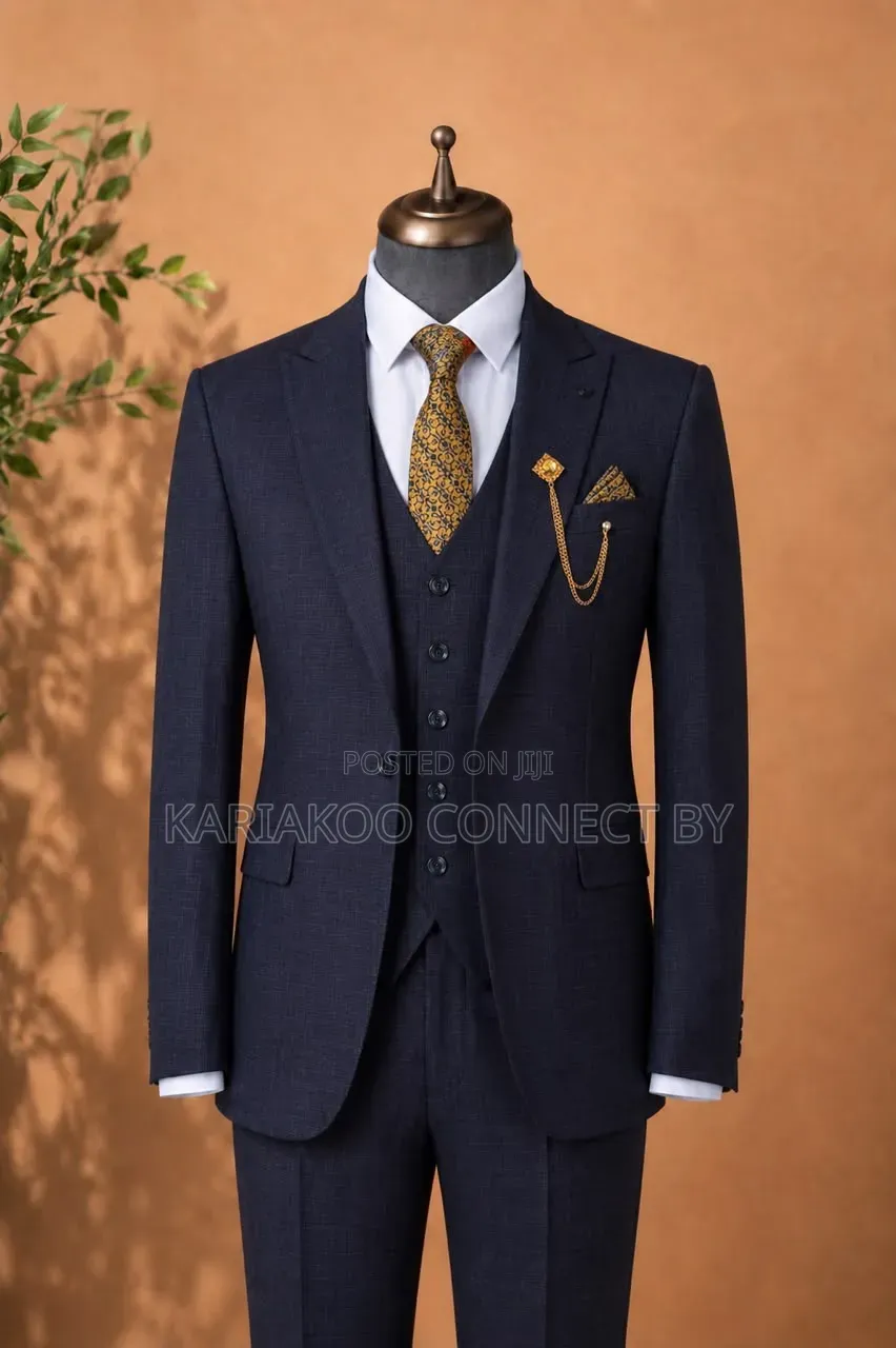 Premium Navy Blue Textured 3-Piece Suit