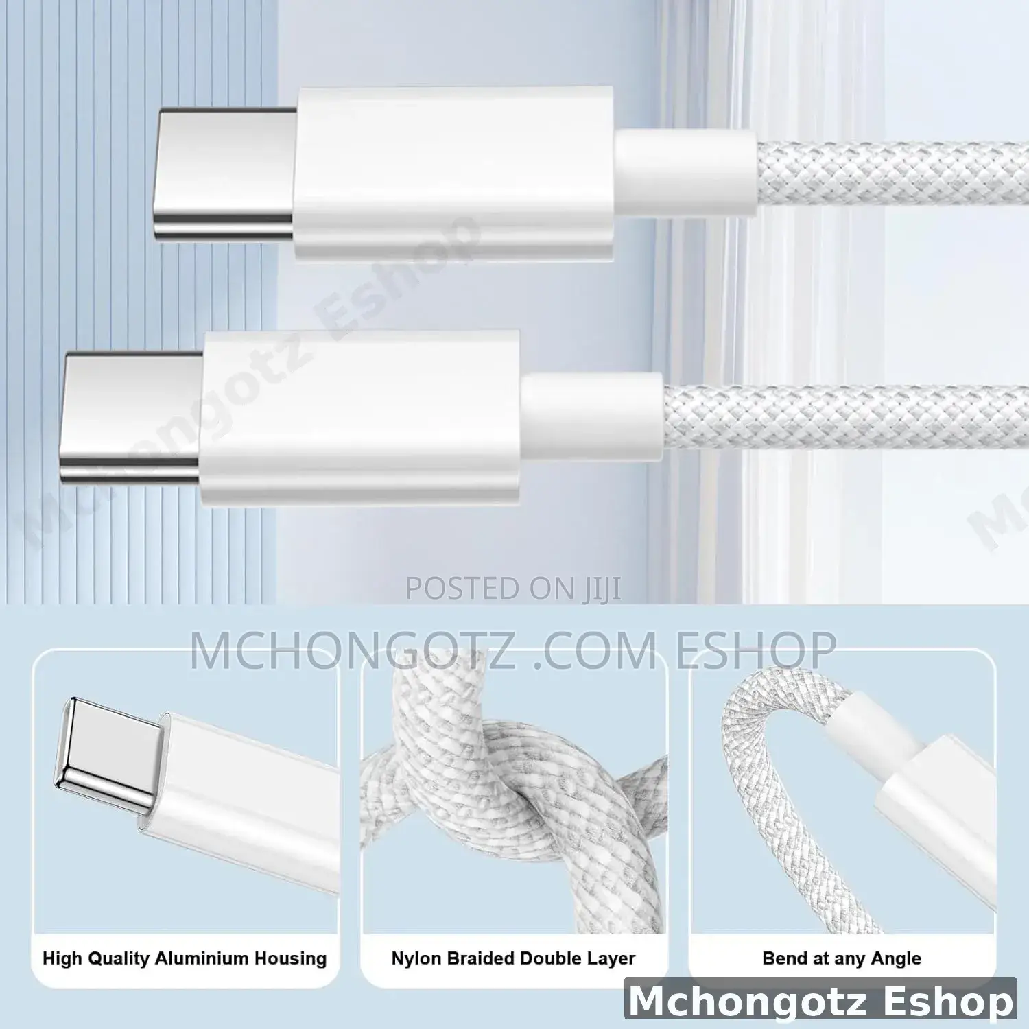 USB C | Type C to Type C Cable 3m White Slim Braided Fast Charging