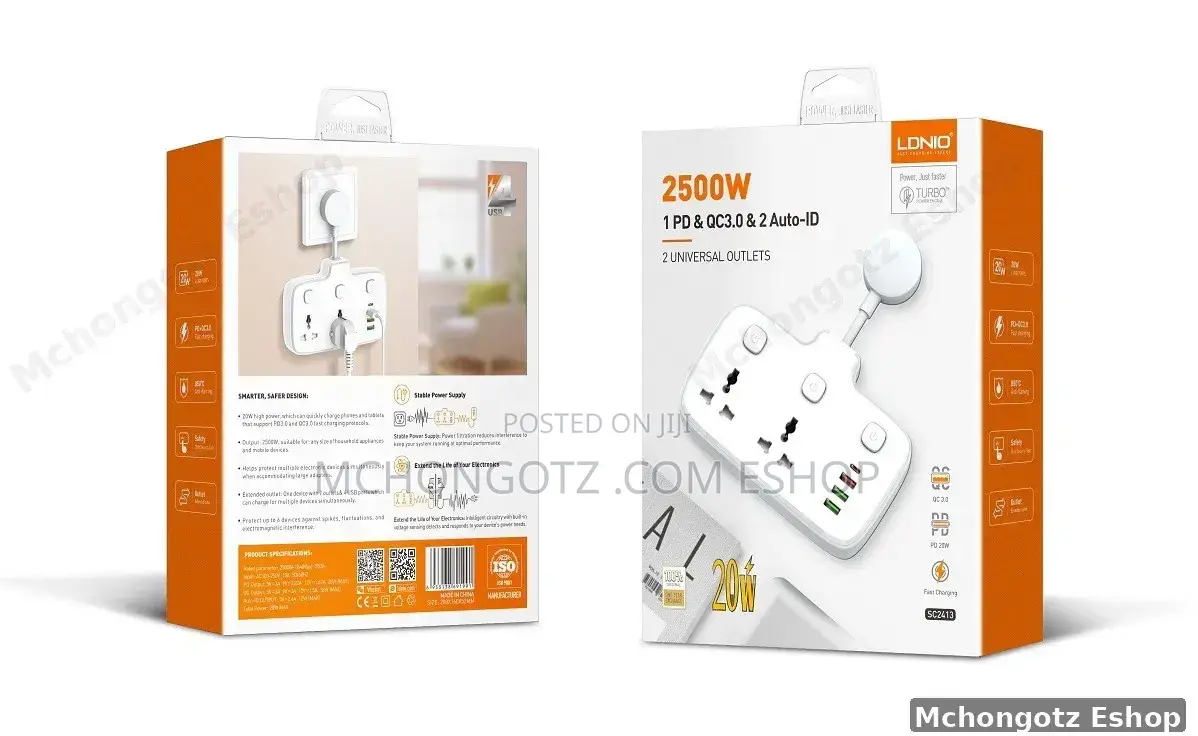 Ldnio Sc2413 Power Extension Socket (2 Outlets, Usb + 20w Type-c Pd)