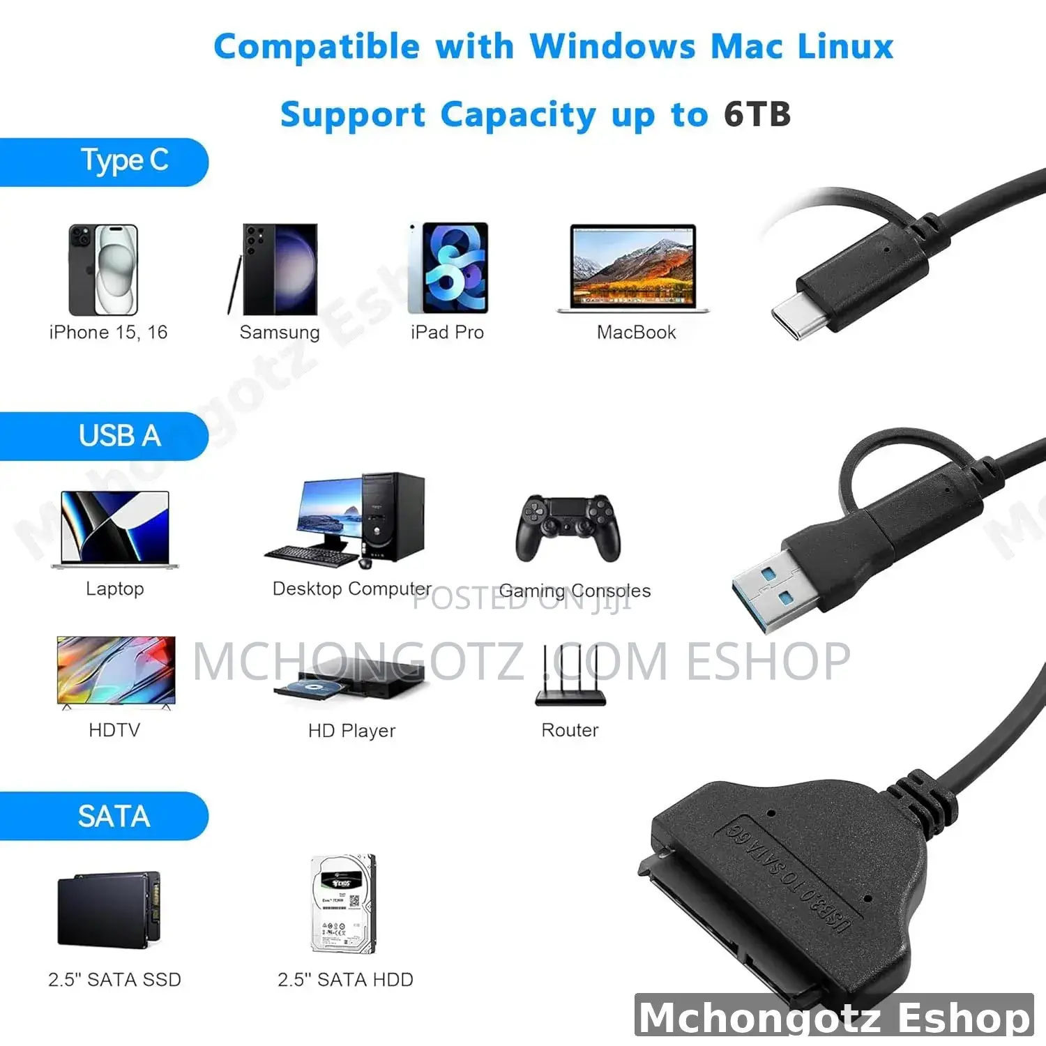 Sata Cable 2 in 1 Usb-a to Sata Adapter Cable 2.5" HDD / SSD Converter