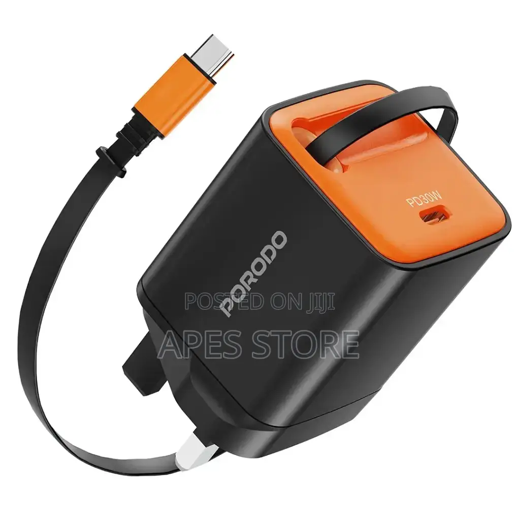 Porodo Tezpatro 30w Gan Charger With Usb-C Retractable Cable