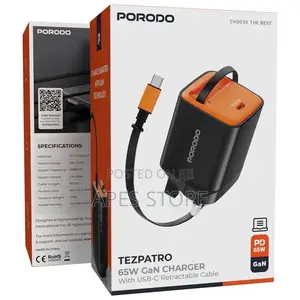 Porodo Tezpatro 30w Gan Charger With Usb-C Retractable Cable