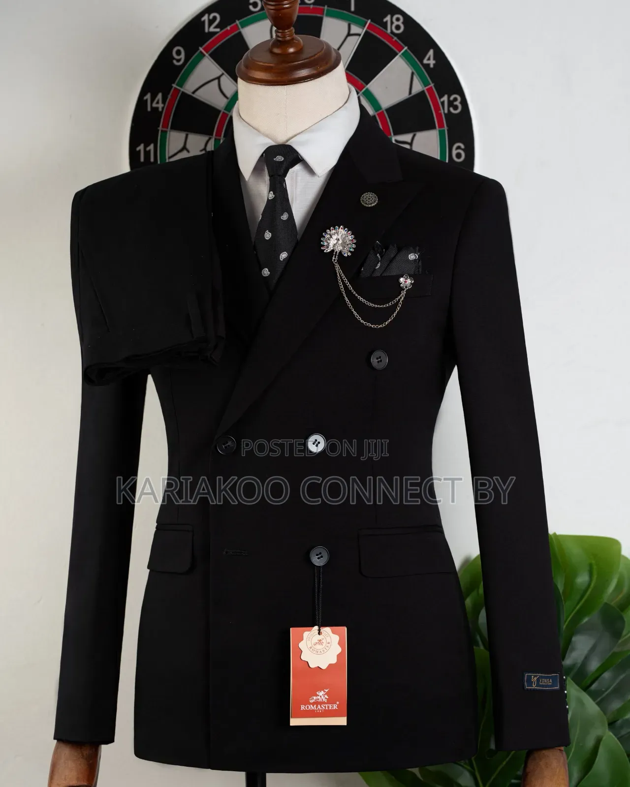 Romaster Premium Black Double-Breasted Slim-Fit Suit