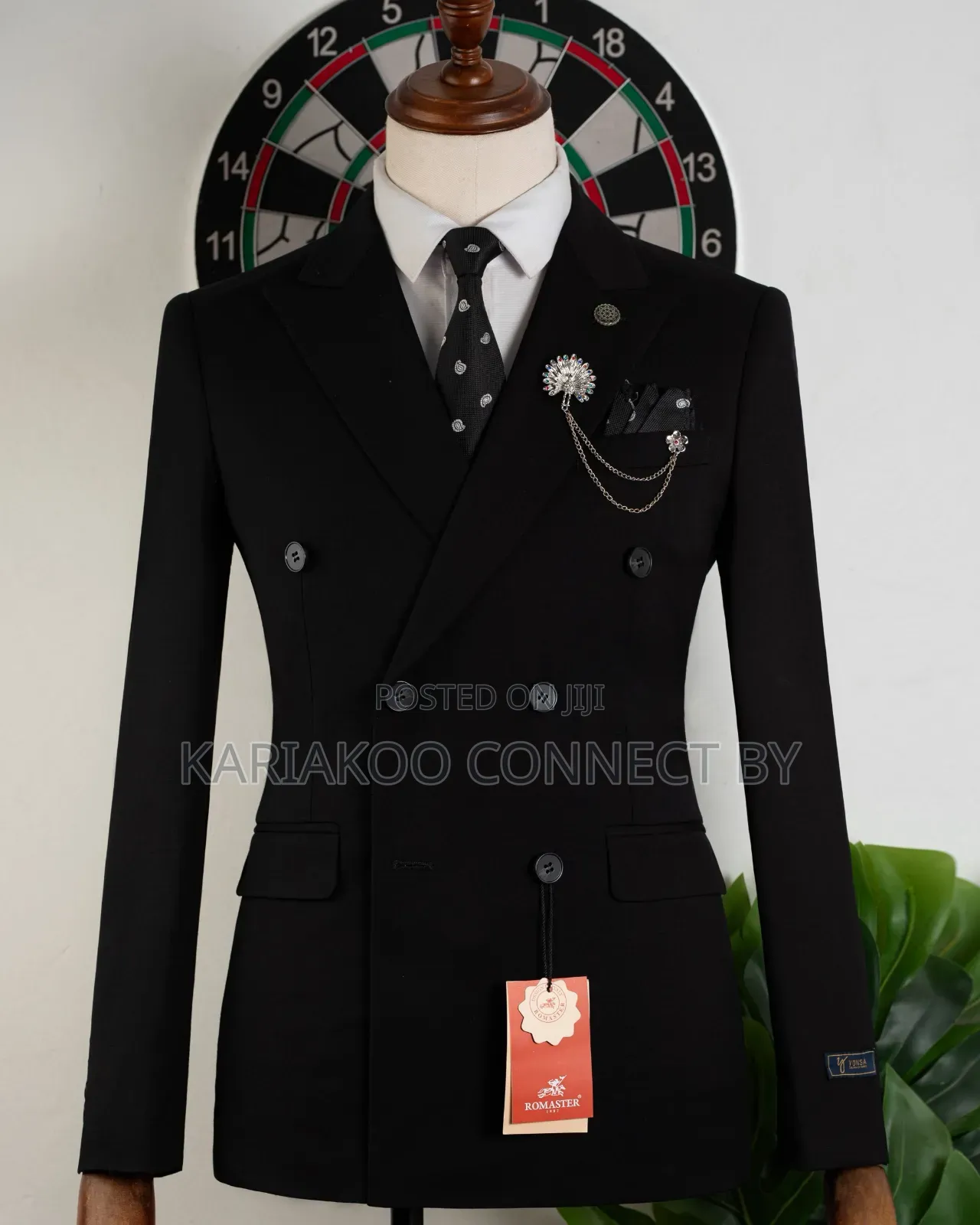 Romaster Premium Black Double-Breasted Slim-Fit Suit