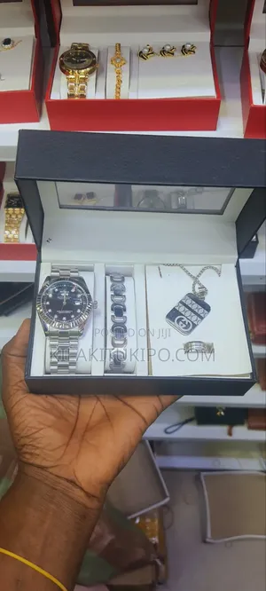 Rolex Silver-Watch,Bracelet, Necklace, Ring, Ear Ring 5 in 1
