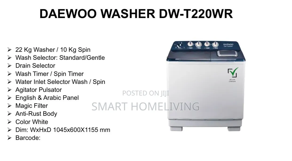 Daewoo Twin Tub Semi Automatic Washing Machine 22kg