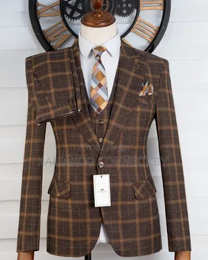 Premium Slim Fit Checked Brown Gold Grid Men's Suit