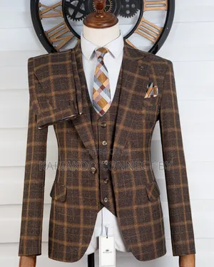 Premium Slim Fit Checked Brown Gold Grid Men's Suit