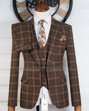 Premium Slim Fit Checked Brown Gold Grid Men's Suit