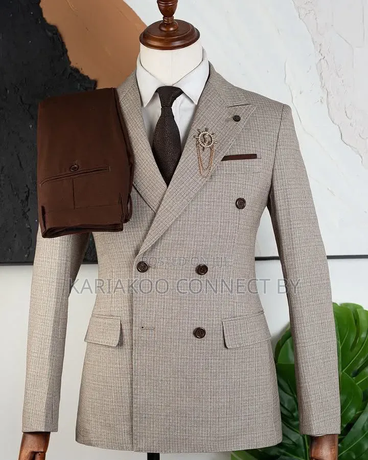 Premium Slim Fit Double-Breasted Men's Suit ( Light Beige Plaid)