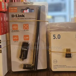 A D-Link AC1300 MU-MIMO Wi-Fi USB Adapter High-Gain Antenna.