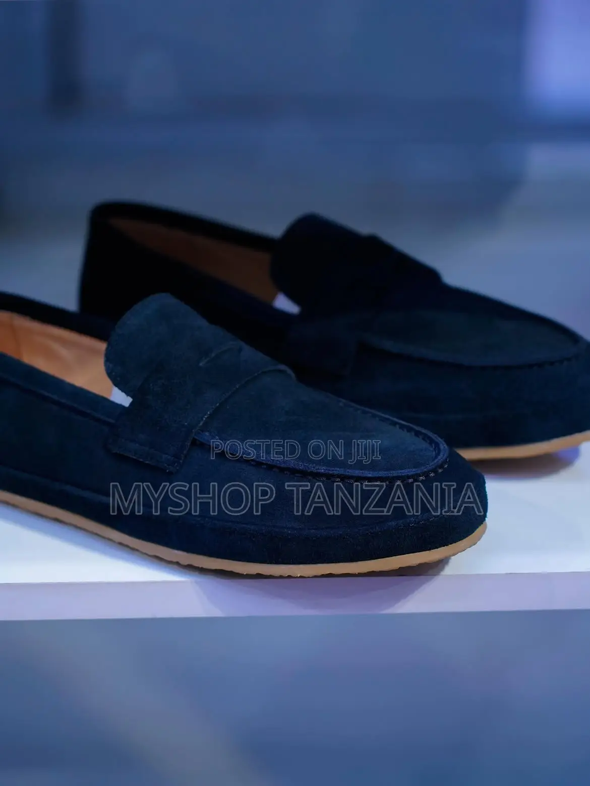 Navy Suede Penny Loafers by Brunello Cucinelli