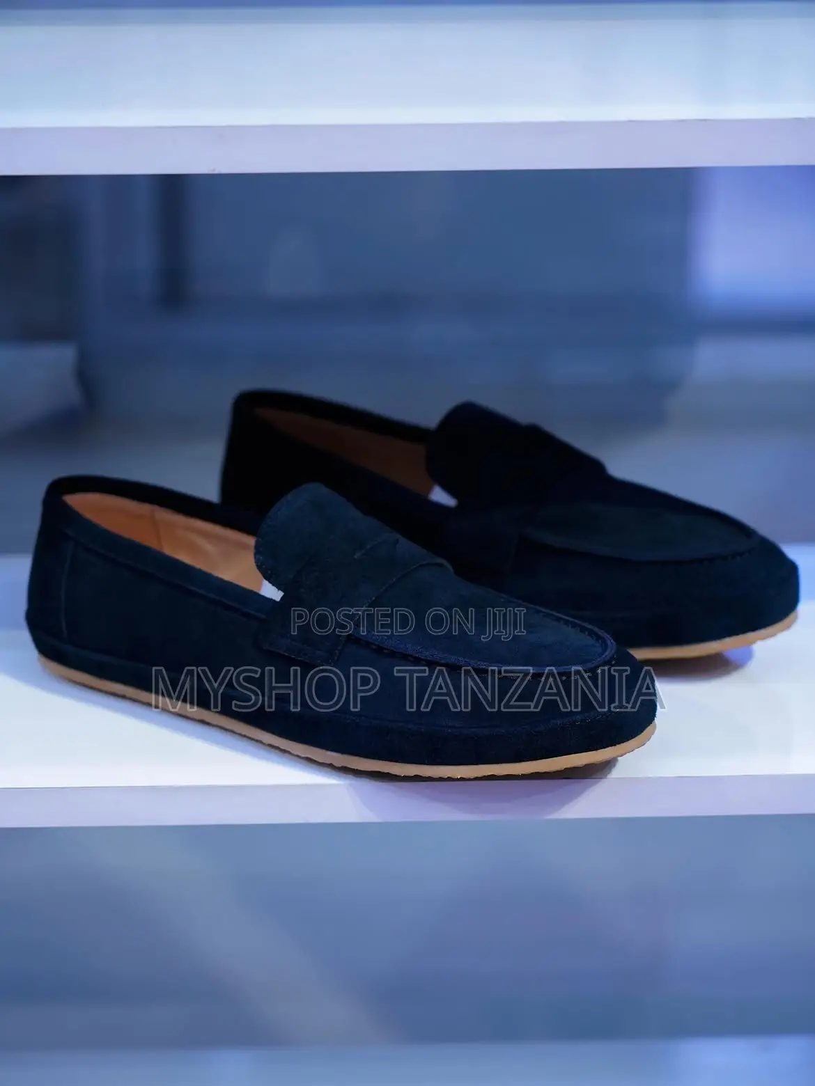 Navy Suede Penny Loafers by Brunello Cucinelli